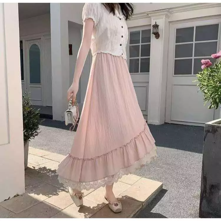 Rok Panjang 88cm Hijab Friendly Korea Asimetris Ruffle dengan Renda Cantik 4 Warna