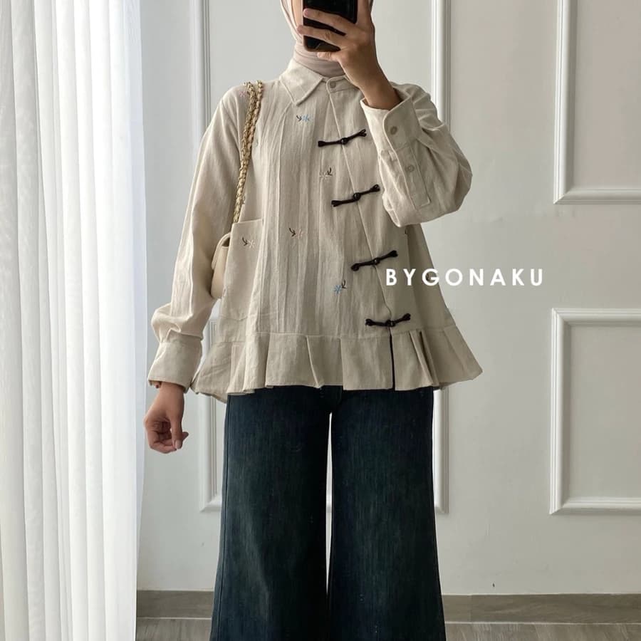 Happy Cheongsam Top Blouse Linen Bordir | Atasan Blouse Kemeja Kerja Kuliah Wanita Korean Style | Busui Friendly