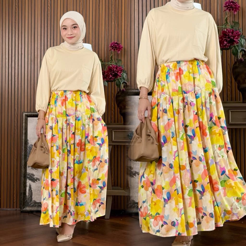 Rumi Rok Motif Bunga Kekinian Bahan Rayon Mayung Floral Skirt Lucu
