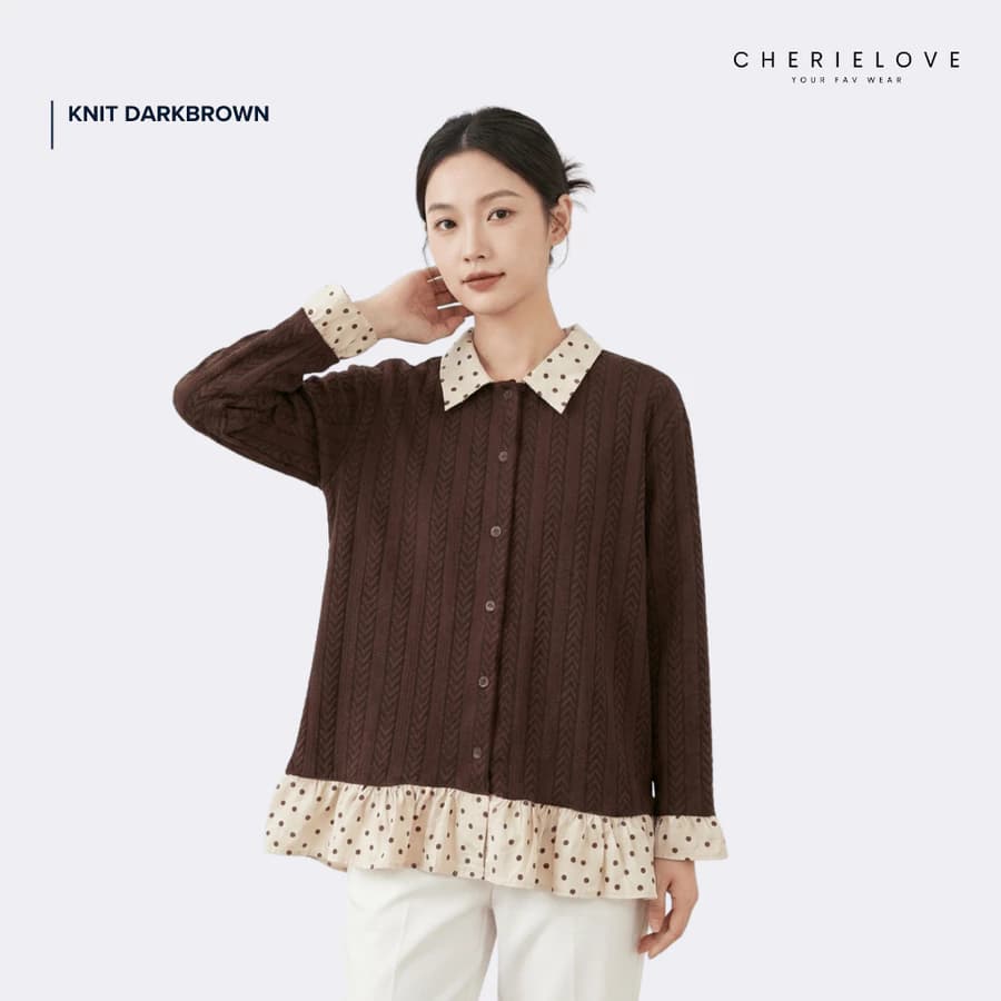 CHERIELOVE | Blouse Dots Knit Stretch - Ruffle Polkadot Knit - Atasan Knit mix Polka Wanita Lengan Panjang