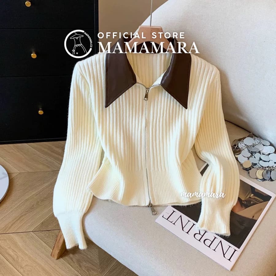 MAMAMARA - Cardigan Rajut Wol Zipper Leather Elegant Knit Jaket